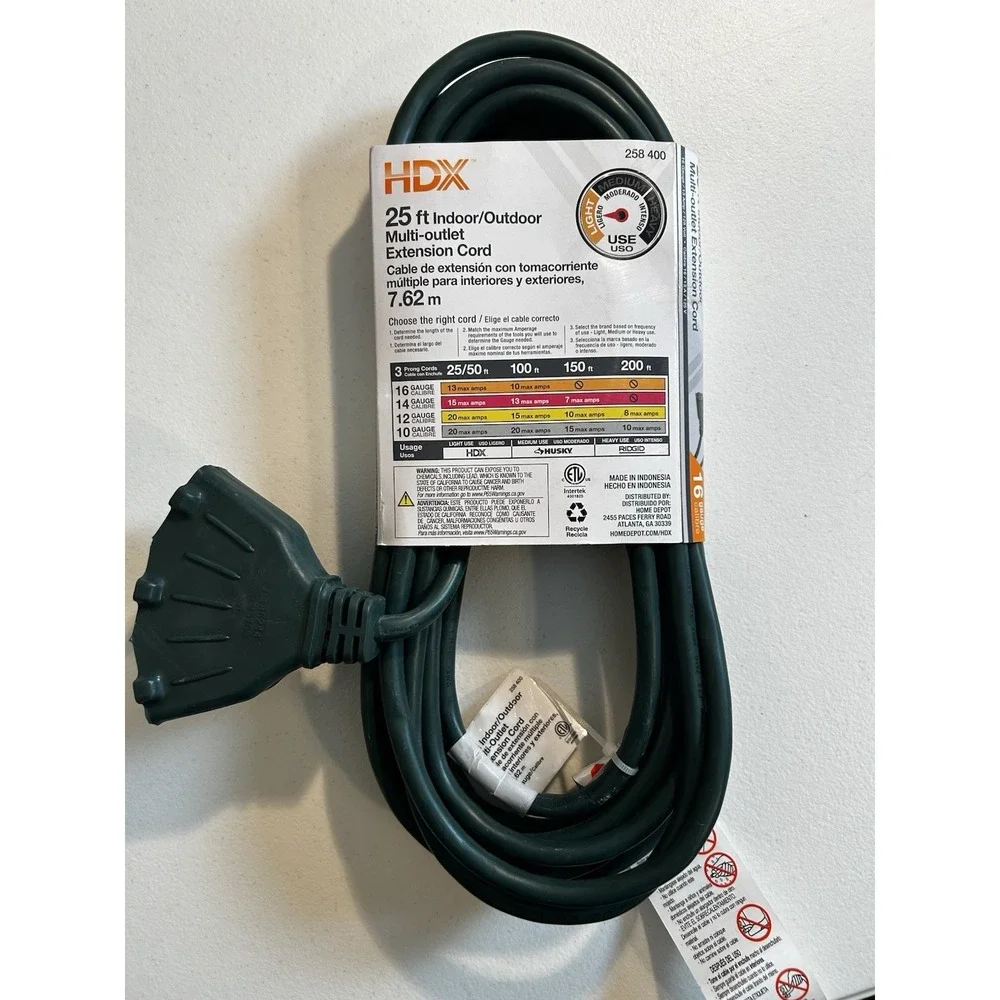 HDX 25FT Indoor/Outdoor Multi-Outlet Extension Cord 13 Amp, 125V, 16 Gauge